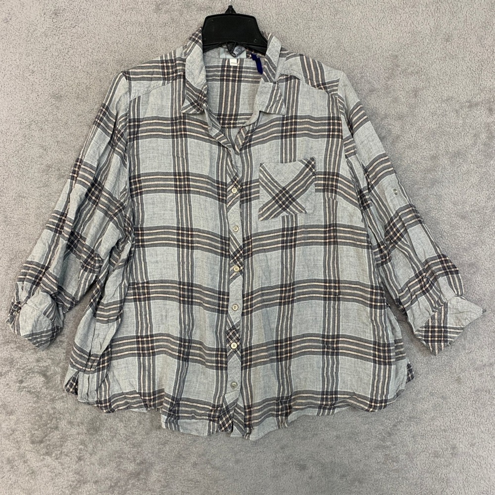 Catherines Gray Plaid Button Up Shirt Roll Tab Sleeve 1XWP